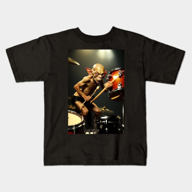 Funny Gollum playing in a heavy metal band graphic design artwork Kids T-Shirt by Nasromaystro